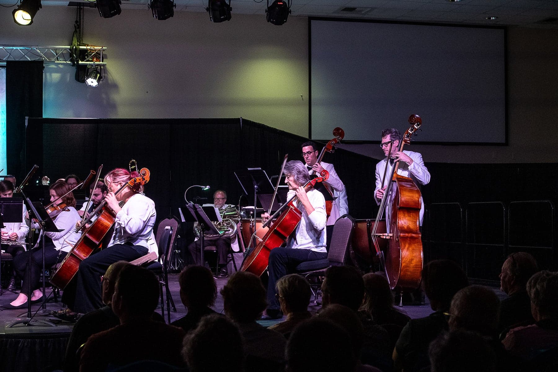 An orchestra performs onstage with cello and bass players. Musicians wear formal attire under soft lighting, as an attentive audience listens.