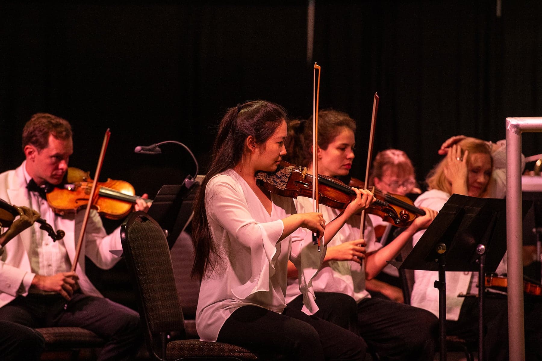Orchestra musicians playing violins passionately on stage. They wear formal attire, focused on sheet music, creating an immersive musical atmosphere.