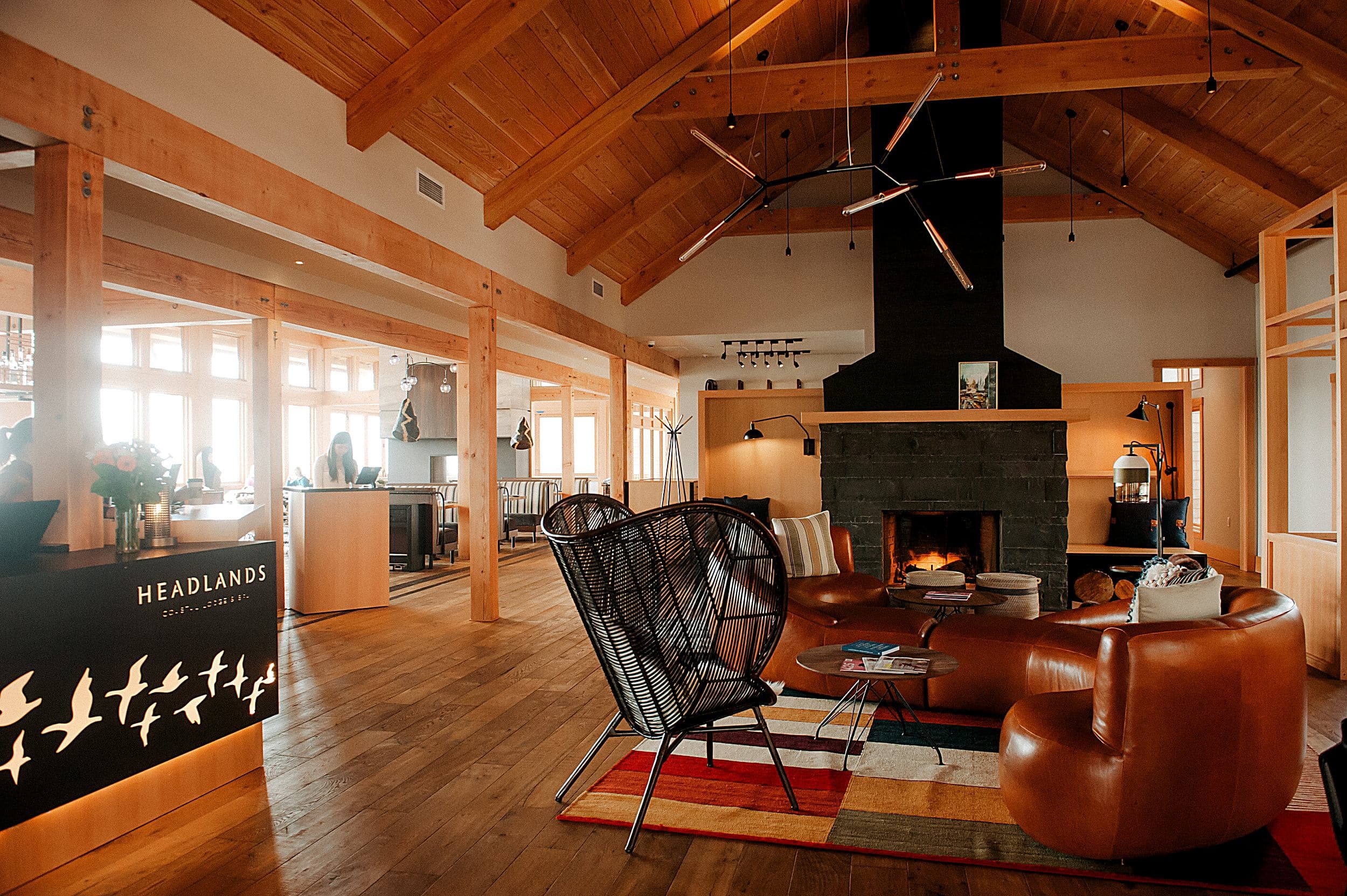 Lobby lounge with fireplace at Headlands Lodge, Inn at Cape Kiwanda, Pacific City, Oregon Coast