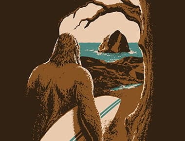 Illustrated Bigfoot surfer overlooking Haystack Rock at Cape Kiwanda, Pacific City, Oregon Coast