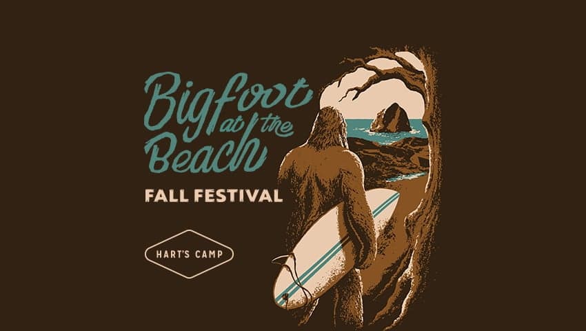 Illustrated Bigfoot surfer overlooking Haystack Rock at Cape Kiwanda, Pacific City, Oregon Coast